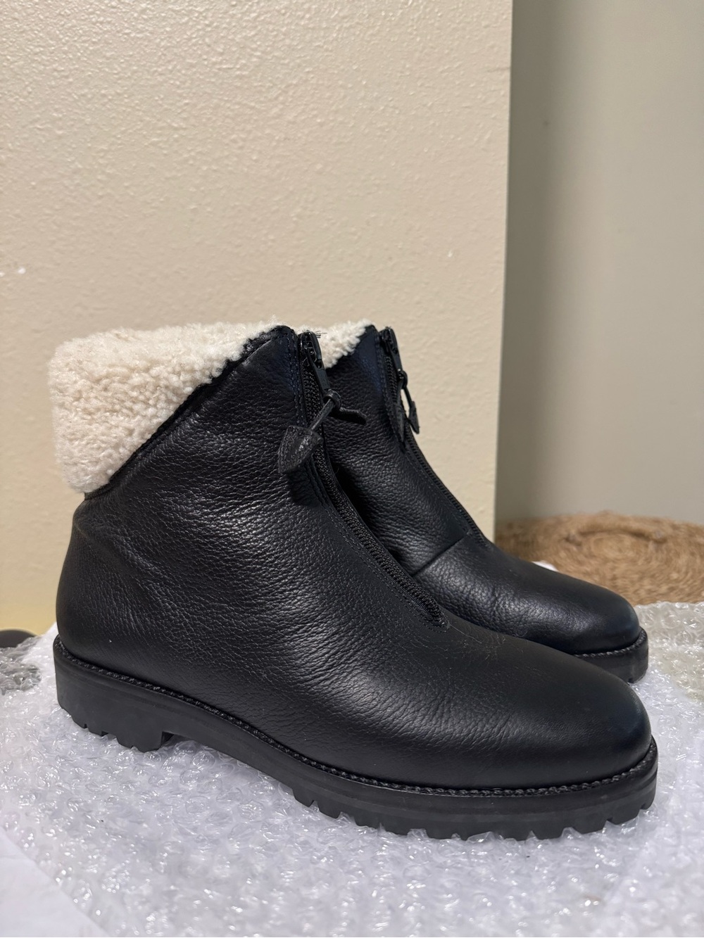 Cole Haan Black Leather Zip Ankle Boots with Cream Shearling Collar